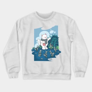 A white cat is feeding birds Crewneck Sweatshirt